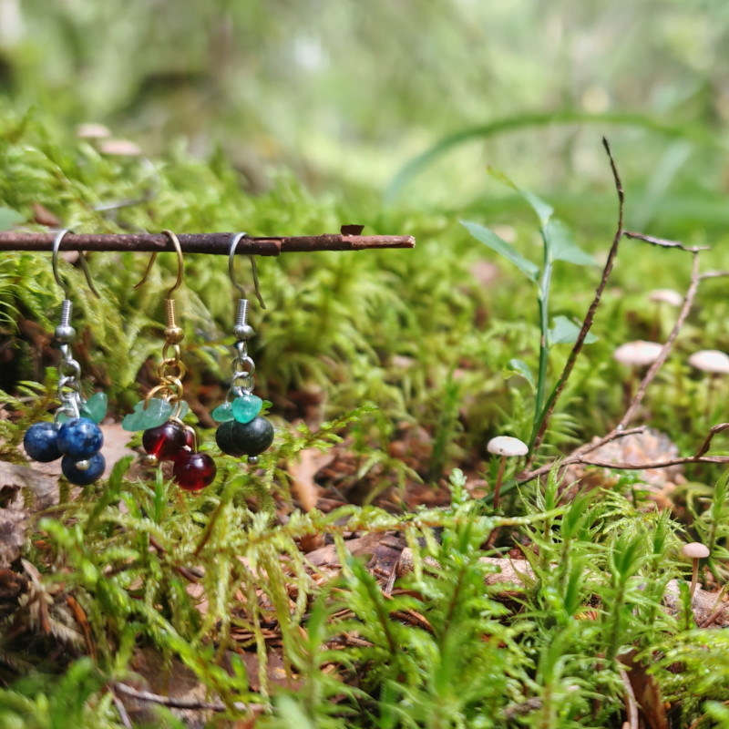 Kolme erilaista marjakorvakorua oksalla, taustalla sammalta ja pieniä sieniä